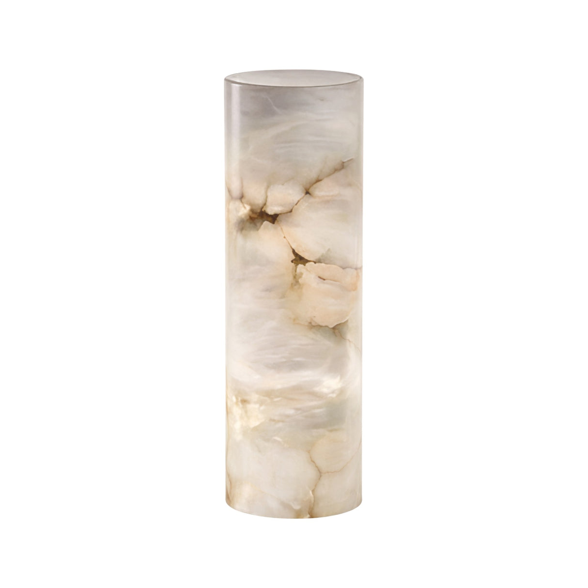 The Virelle LED Column Alabaster Table Lamp - Soft White is a tall, cylindrical lamp with a smooth surface and natural beige and white marbled patterns, evoking the look of an elegant column.