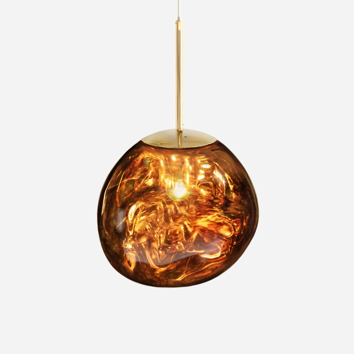 The Ex-Display Lava Small Pendant Light - Gold features a round, amber-textured glass shade and gold metal fixture, suspended by a thin cord against a white background.