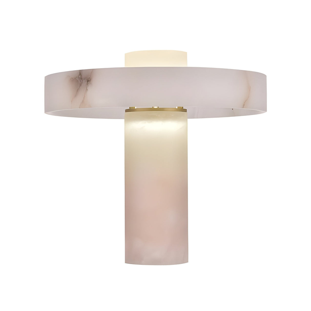 The Zolara 1 Light Disc Alabaster Column Table Lamp in Soft White features a cylindrical alabaster body, wide circular shade, and slim brass accents for a sculptural look. Its translucent material glows softly when illuminated.