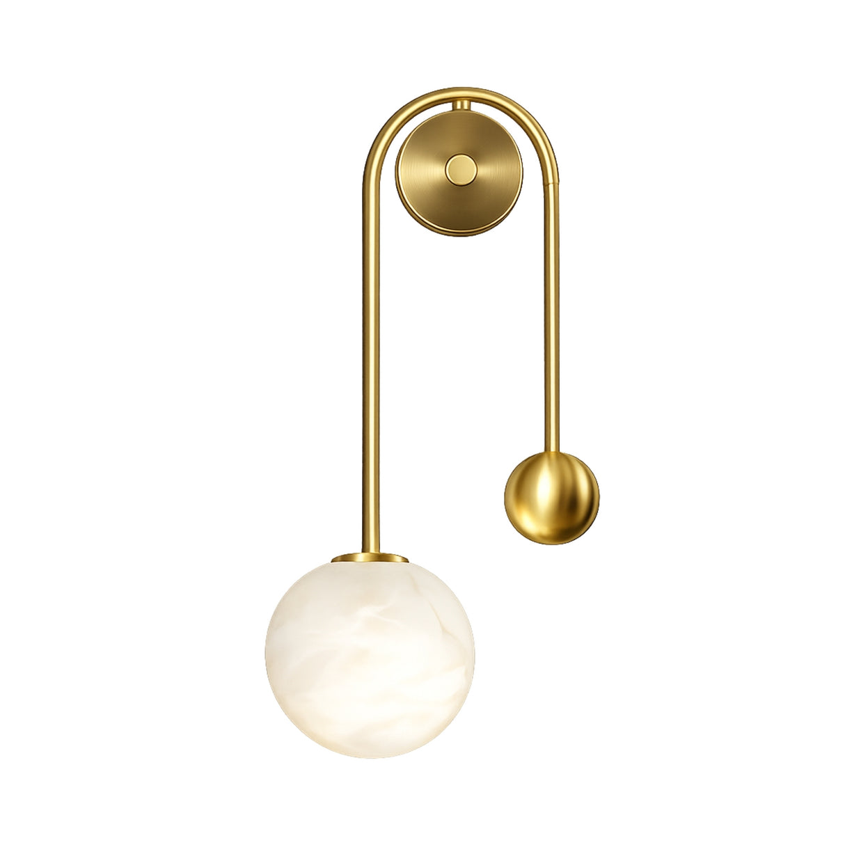 The Risa 1 Light Arched Drop Alabaster Wall Light in soft white & brass features a gold metal frame, arched arm, and hanging alabaster globe—ideal for bringing modern decorative wall lighting to any room.