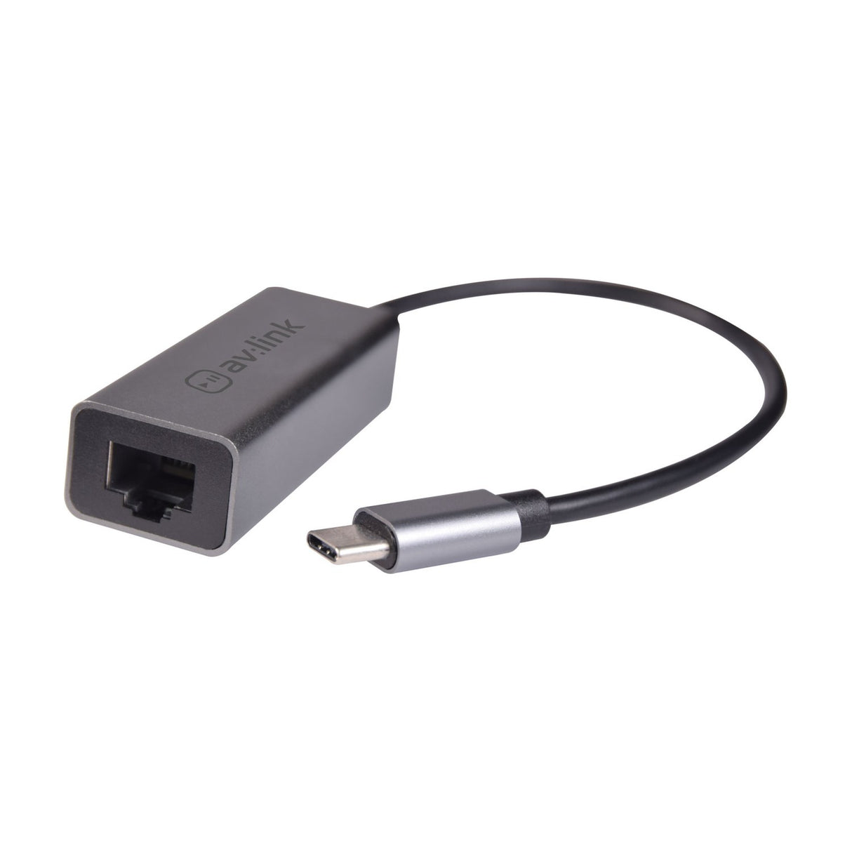 AV:Link USB-C to RJ45 Gigabit Ethernet adaptor with brushed aluminium housing and short black lead, shown on a plain white background.