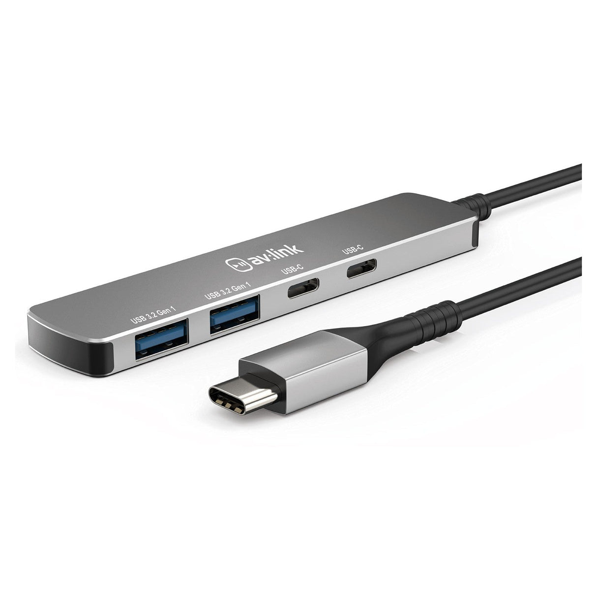 The AV:Link 4-Port USB 3.2 Type-C Ultra-Slim Hub boasts a stylish gray body with a black cable, featuring super-speed connectivity through two USB 3.0 ports and two USB-C ports. The close-up image of the connector beside the hub emphasizes its compact design.