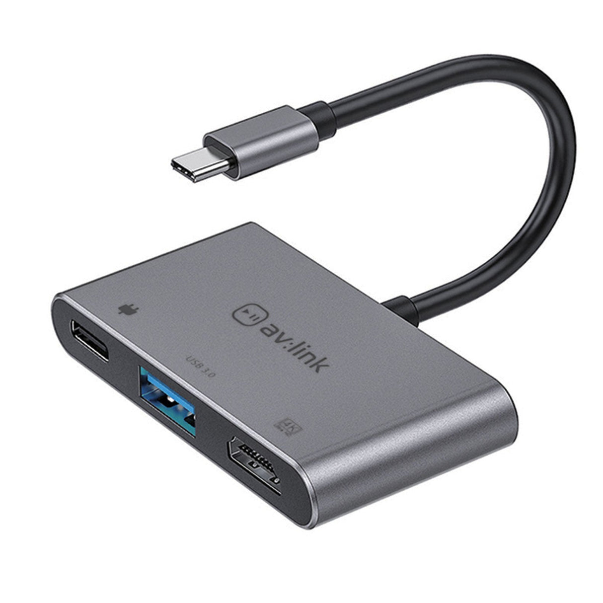 The AV:Link 3 Port Slim USB 3.0 Type-C Hub in gray features a short cable and provides seamless connectivity expansion with Power Delivery support, offering one USB-C port, one USB 3.0 port, and an HDMI port.
