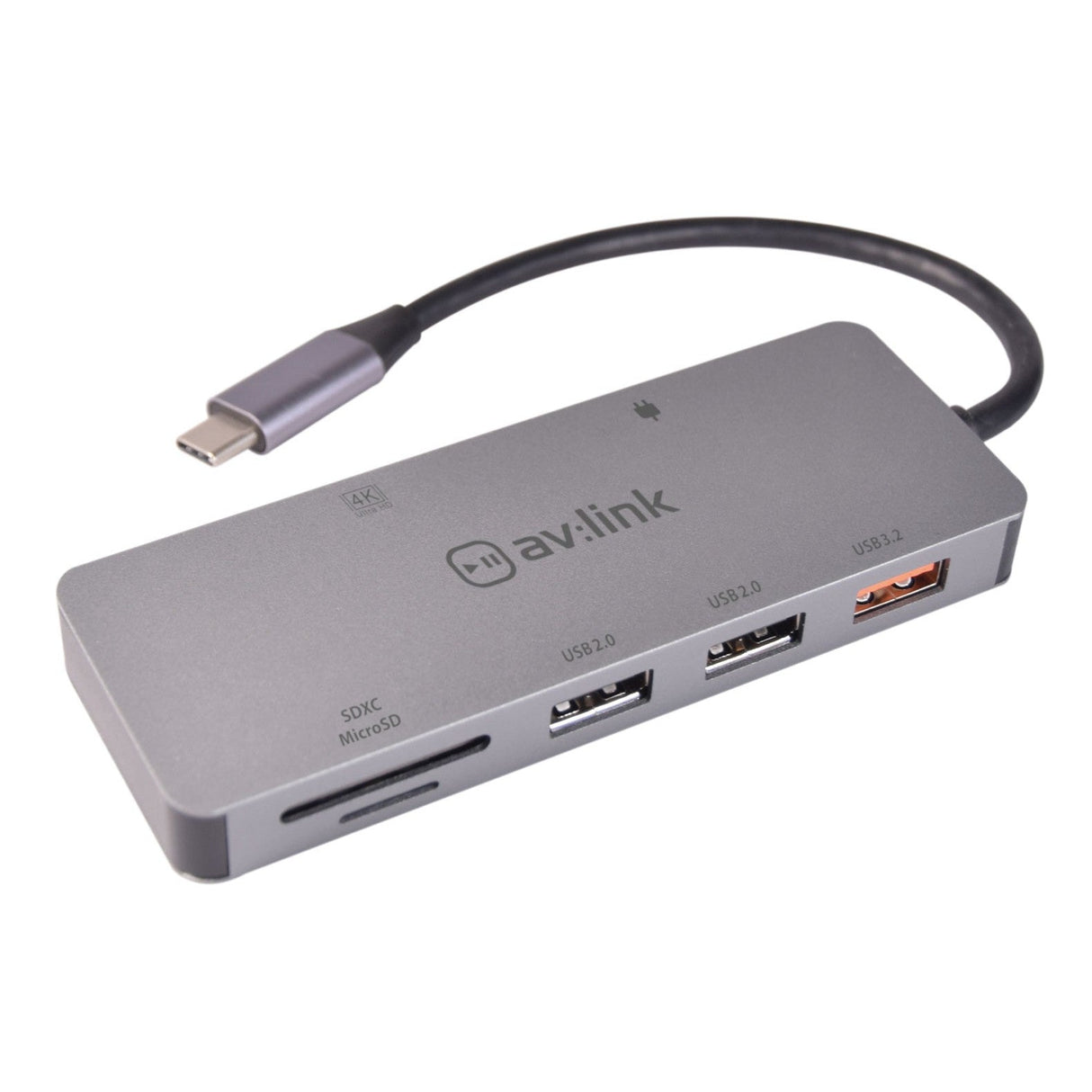 The AV:Link 7 Port USB 3.2 Type-C Hub is a sleek gray device that features Power Delivery 100W. It includes two USB 2.0 ports, one USB 3.2 port, an SDXC card slot, and a microSD slot for versatile connectivity options. The av:link logo is prominently displayed on the top surface while the cable extends to the left, ensuring seamless connectivity and functionality with style.