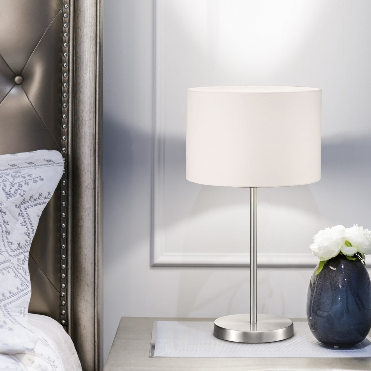Hotel Fabric Tube Table Lamp – Satin Nickel