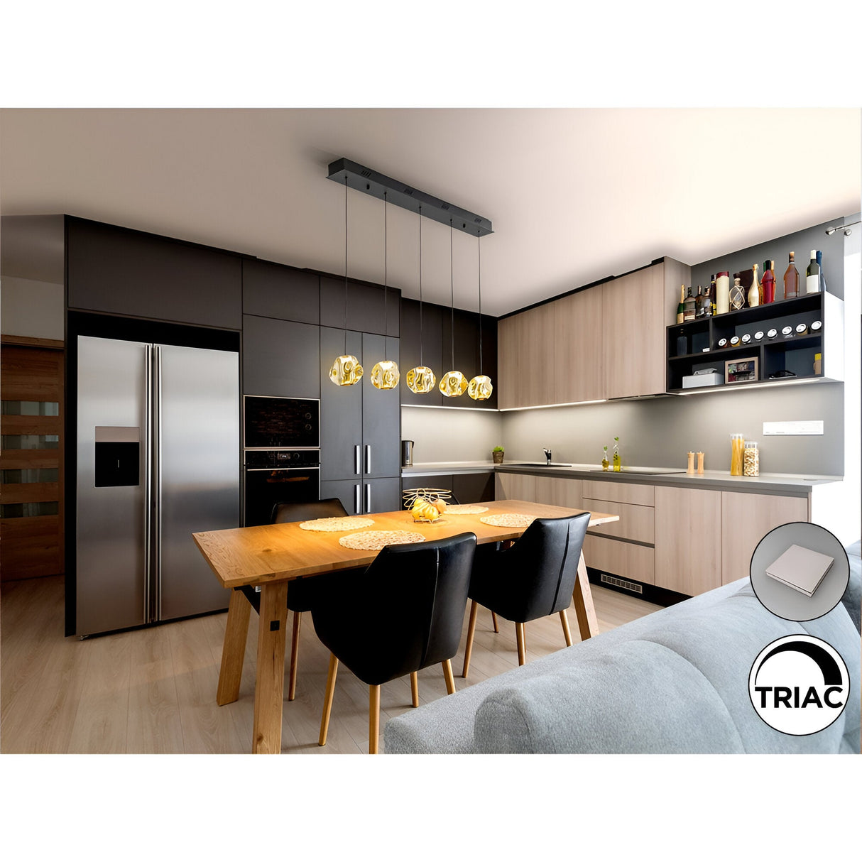 Zaria 5 Light Dimmable LED Glass Bar Pendant 21W 3000K - Black/Gold (With Remote Control)