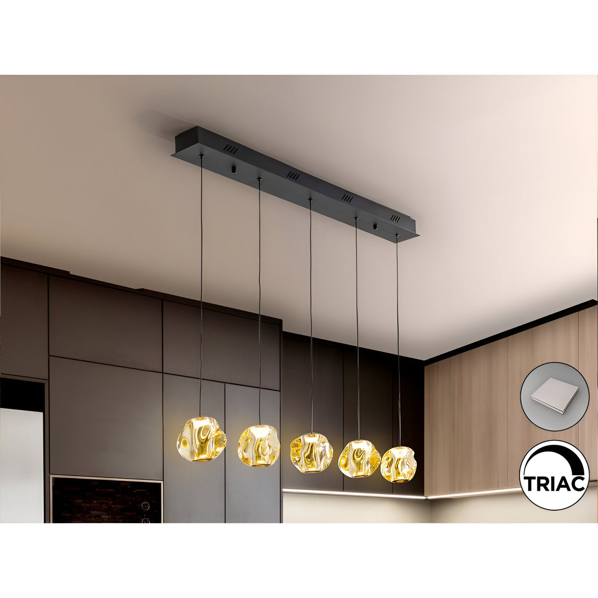 Zaria 5 Light Dimmable LED Glass Bar Pendant 21W 3000K - Black/Gold (With Remote Control)