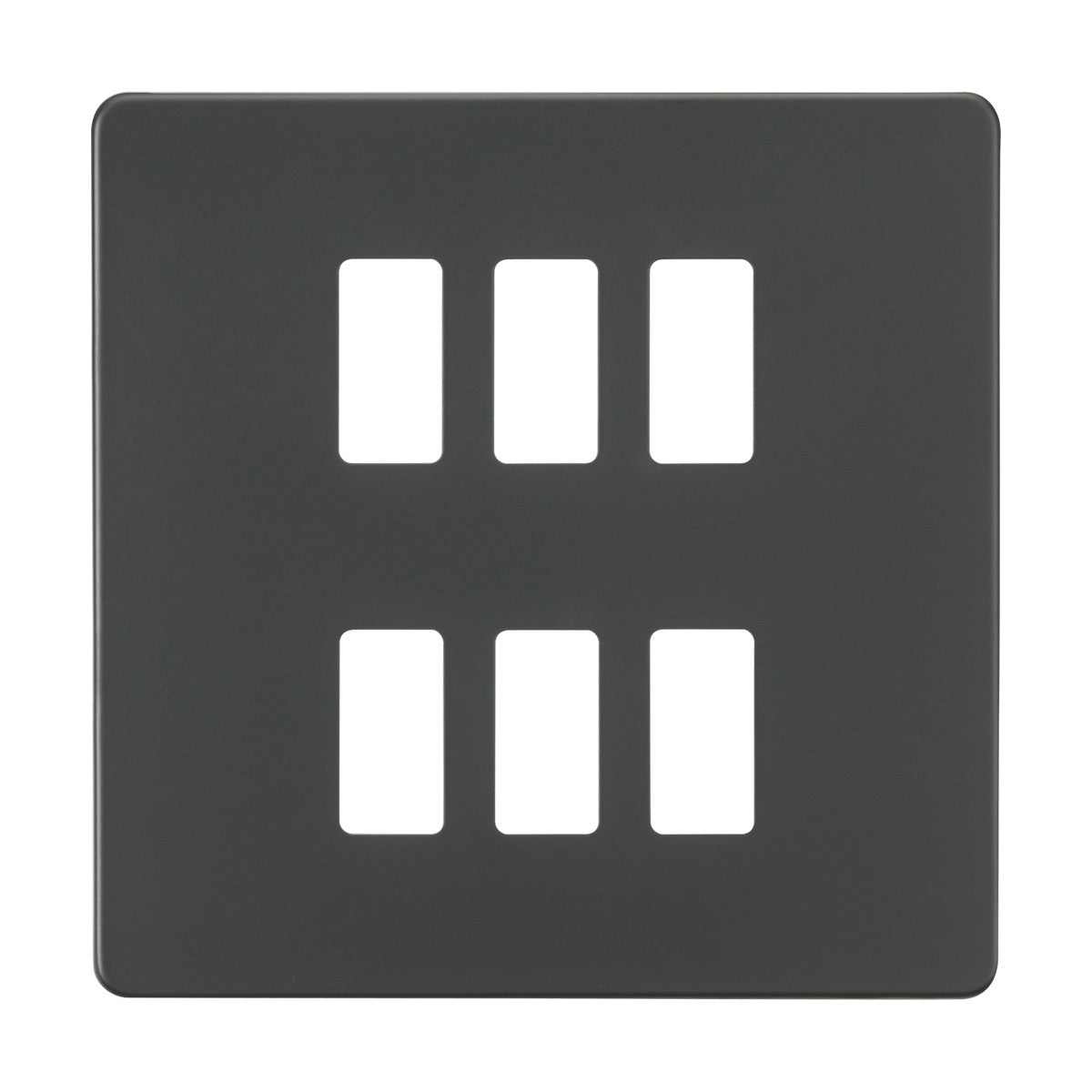The Screwless 6 Gang Grid Faceplate in anthracite is a sleek rectangular panel made from premium-grade steel, featuring six rectangular cutouts arranged in two columns and three rows, perfect for accommodating switches or outlets with a screwless grid faceplate design.
