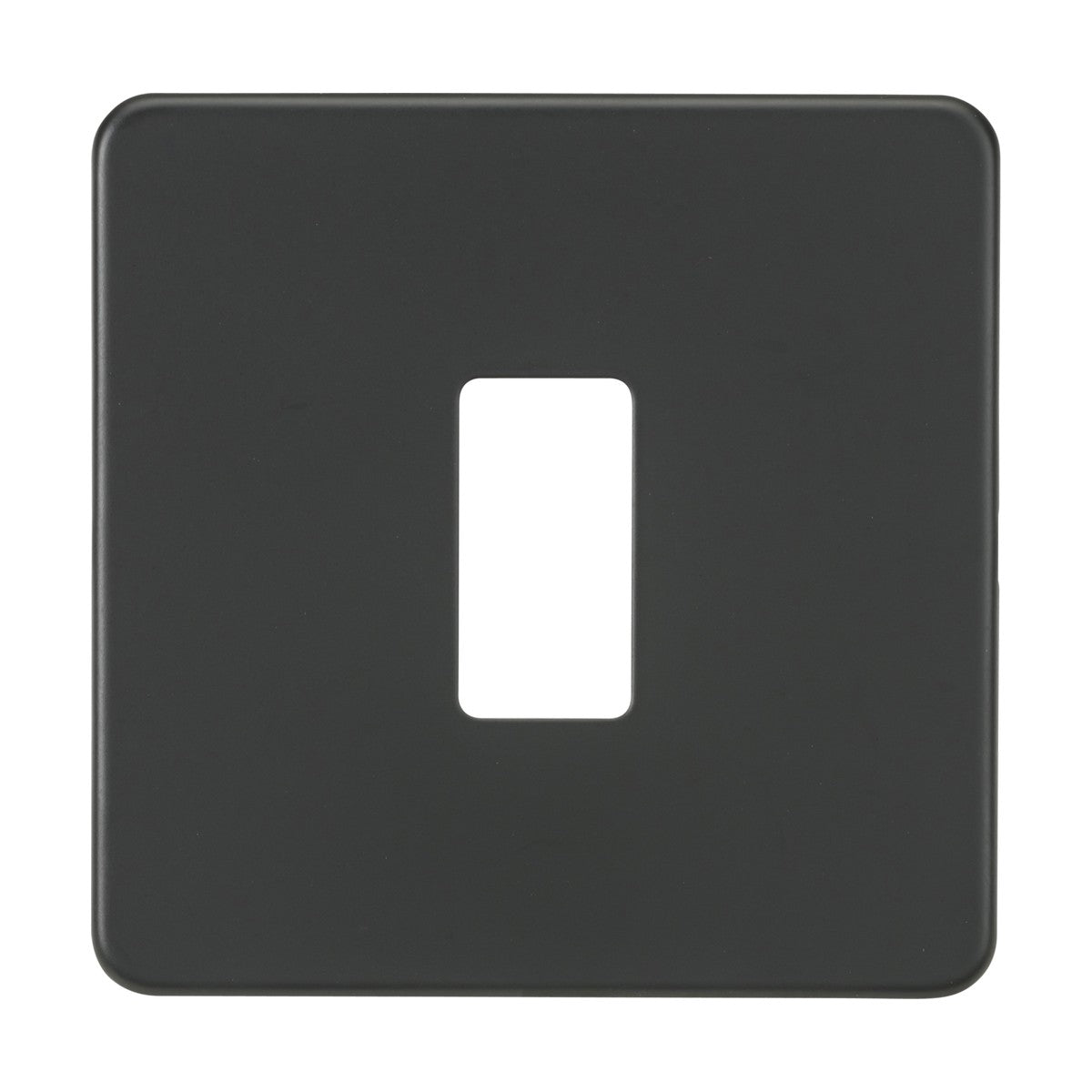 An anthracite rectangular light switch cover, designed with a central cut-out for a single toggle switch, features a screwless faceplate that offers a sleek and modern appearance with gently rounded corners. Made from premium steel, the finish is smooth and matte.