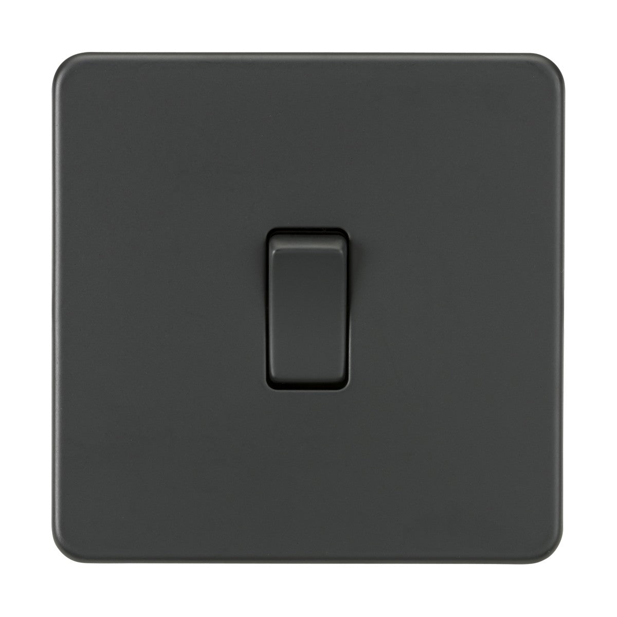 The 10AX 1 Gang Intermediate Switch - Anthracite (Screwless) is a square black light switch with an anthracite finish and a single center toggle, set against a plain white background.