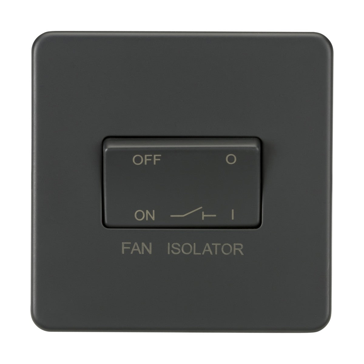 The 10AX Fan Isolator Switch in an anthracite finish features a sleek, screwless design. Its labeled FAN ISOLATOR, with clear OFF and ON symbols.
