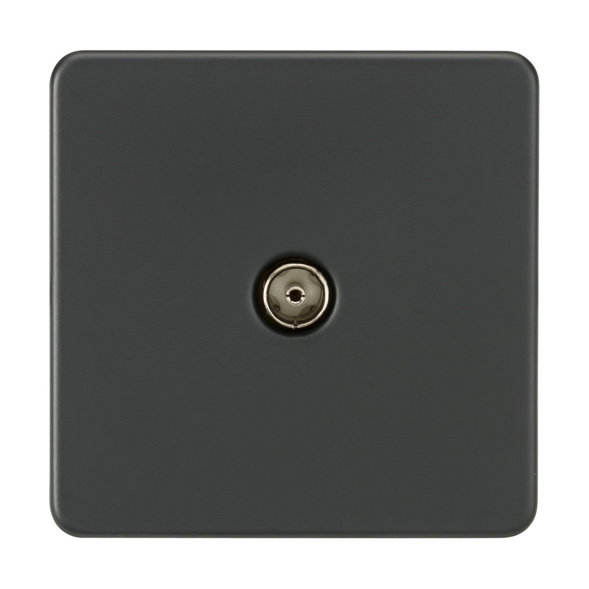 The TV Outlet (Non-Isolated) - Anthracite is a dark, square coaxial outlet with a matte finish and features a centrally located circular metallic connector that is slightly recessed. Made from premium-grade steel, its screwless design provides a minimalist and functional aesthetic, seamlessly fitting into contemporary interiors.