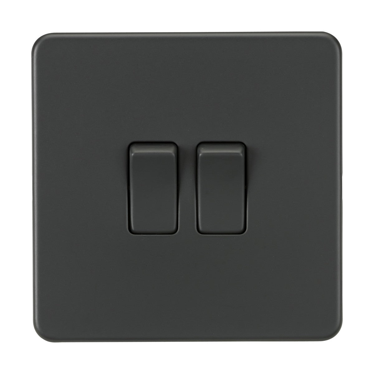 The 10AX 2 Gang 2-Way Switch in anthracite features a sleek, screwless design with toggle switches, enhancing any modern interior against a clean white background.