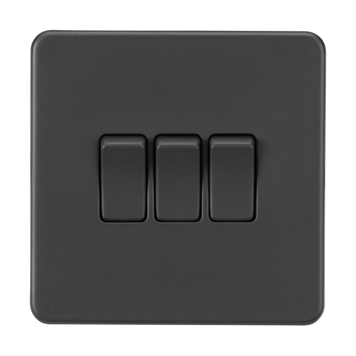 The 10AX 3 Gang 2-Way Switch in anthracite features a black rectangular panel with three horizontally aligned switches. Its minimalist, screwless, and low-profile design stands out.