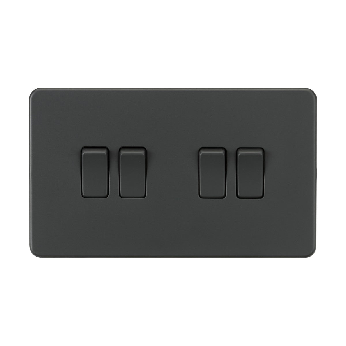 The 10AX 4 Gang 2-Way Switch in Anthracite offers a screwless, low-profile design with three rectangular switches in a horizontal row, perfect for modern home lighting control.