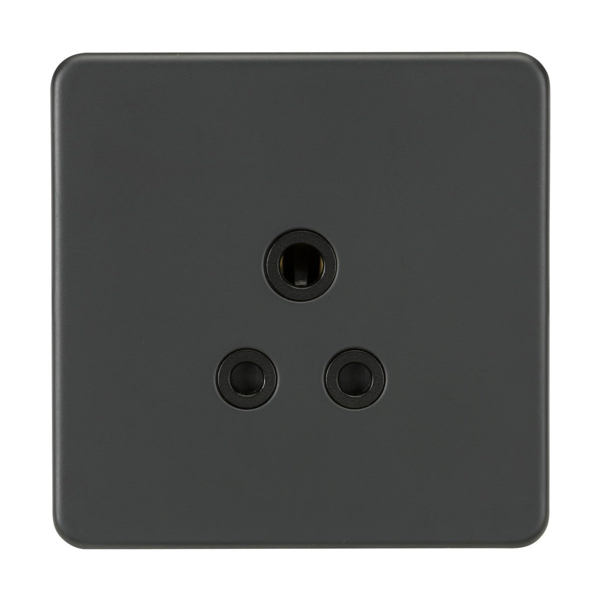 Featuring a sleek, screwless design, the 5A Unswitched Socket - Anthracite is a black electrical wall socket with three circular holes in a triangular pattern, set against a crisp white background.