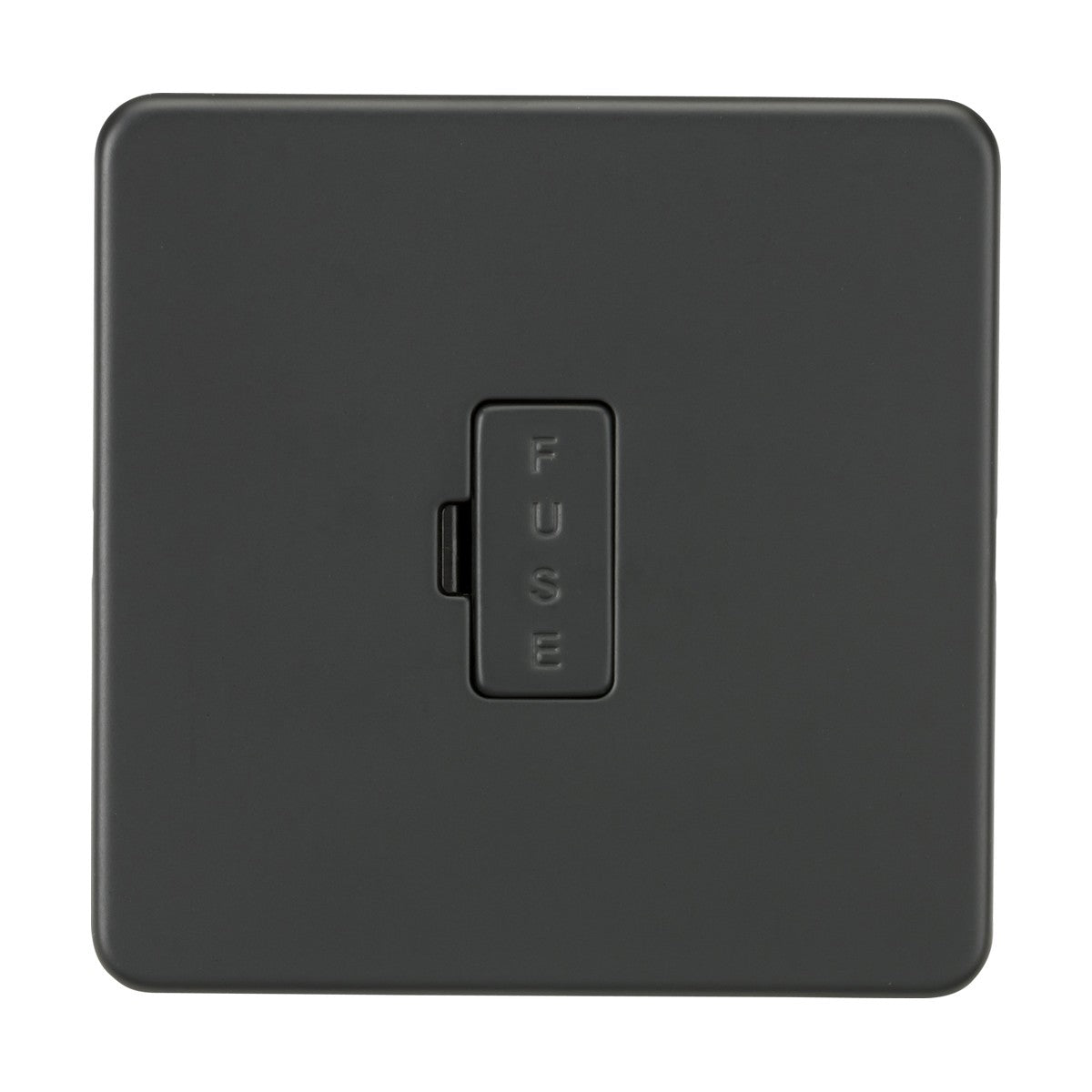 The 13A Fused Spur Unit in anthracite features a square, black design thats minimalistic and screwless, with an embossed FUSE label centrally positioned.