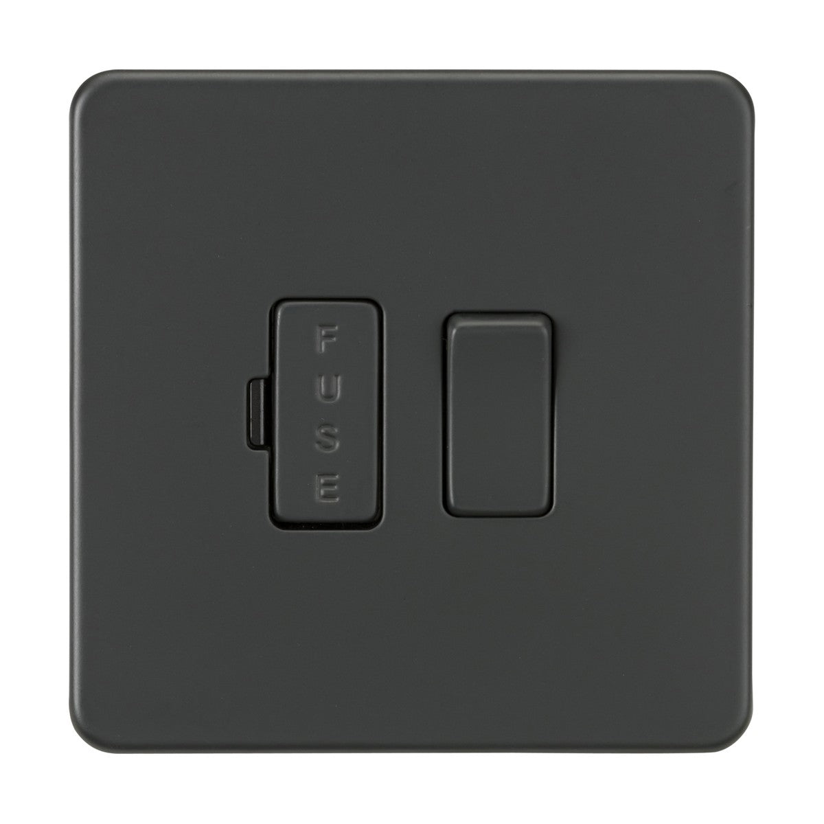The anthracite 13A switched fused spur unit offers a screwless low-profile design, featuring a fused spur unit on the left and a toggle switch on the right.