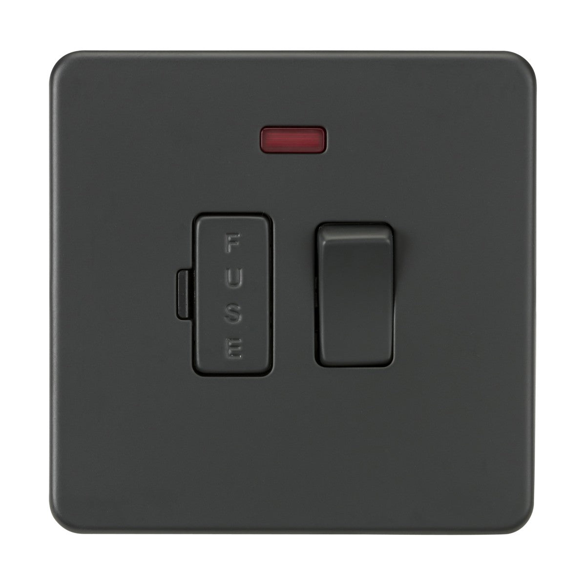 The 13A Switched Fused Spur Unit Neon - Anthracite (Screwless) features a low-profile design with an anthracite finish, a rectangular FUSE labeled fuse section on the left, a standard toggle switch on the right, and a red indicator light above the fuse section.