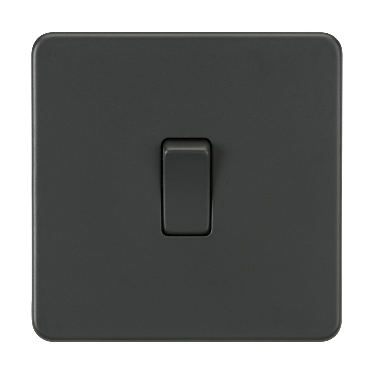 An anthracite 20A 1 Gang DP switch on a plain background, shown in the off position. The design is sleek and modern with a square, screwless plate and a single toggle switch elegantly centered.