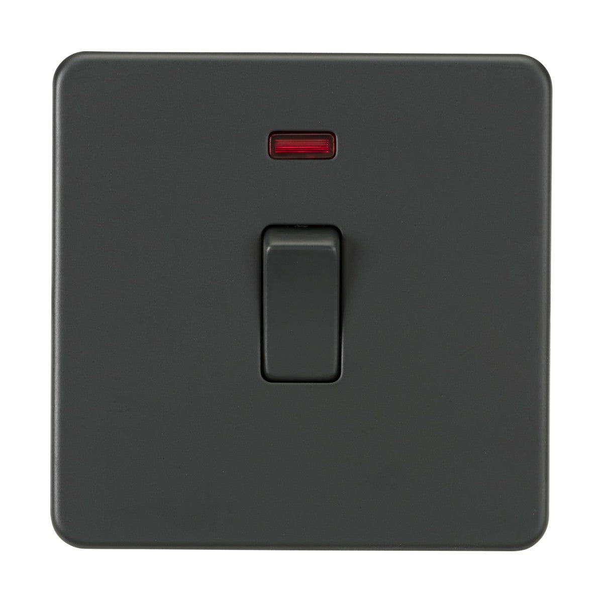 The 20A 1 Gang DP Switch Neon - Anthracite (Screwless) features a black anthracite double pole design with a sleek screwless low-profile, a single toggle, and a small red indicator light on a white background.