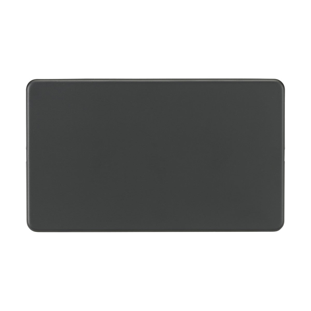 A 2 Gang Blanking Plate in anthracite, featuring a screwless, low-profile design with rounded edges and a smooth surface, is crafted from premium-grade steel and positioned against a white background.