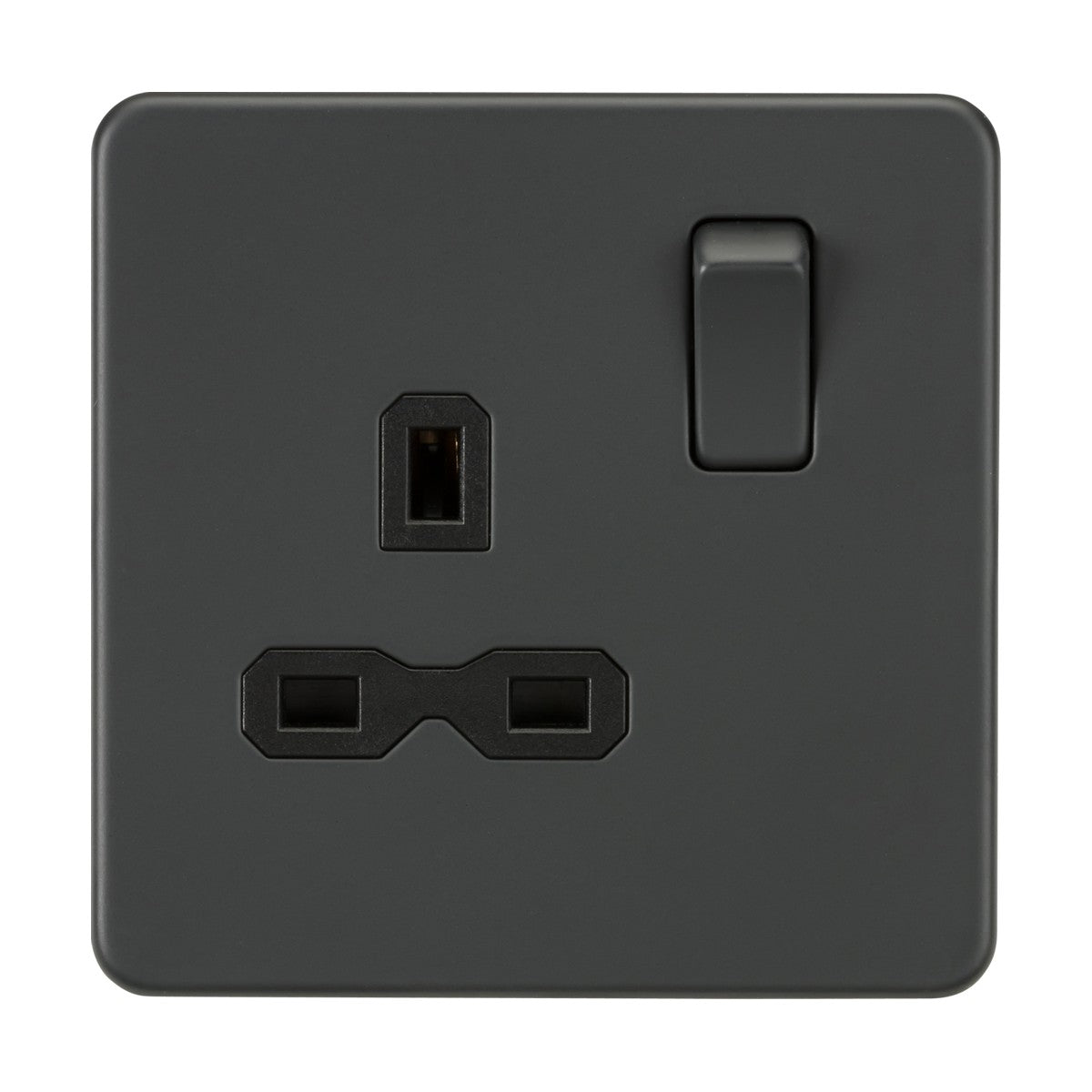 The 13A 1 Gang DP Switched Socket in anthracite features a three-pin plug outlet, modern design, and a double-pole switch at the top right corner.