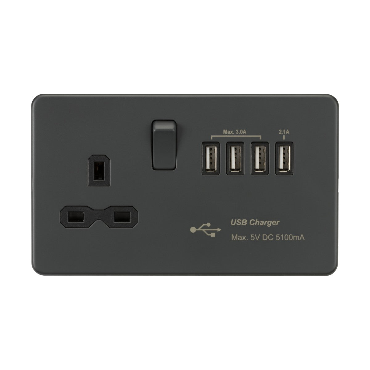 13A Switched Socket with Quad USB-A (5V DC 5.1A shared) - Anthracite with Black Insert