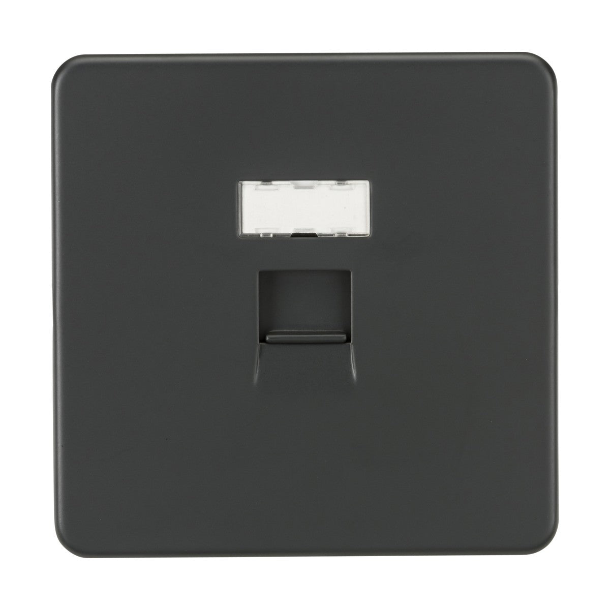 The RJ45 Network Outlet - Anthracite, showcasing a single rectangular power outlet and a CAT5e RJ45 port for efficient wired networking, is centered against a white background. It boasts a sleek, screwless low-profile design that perfectly suits modern electrical connections.