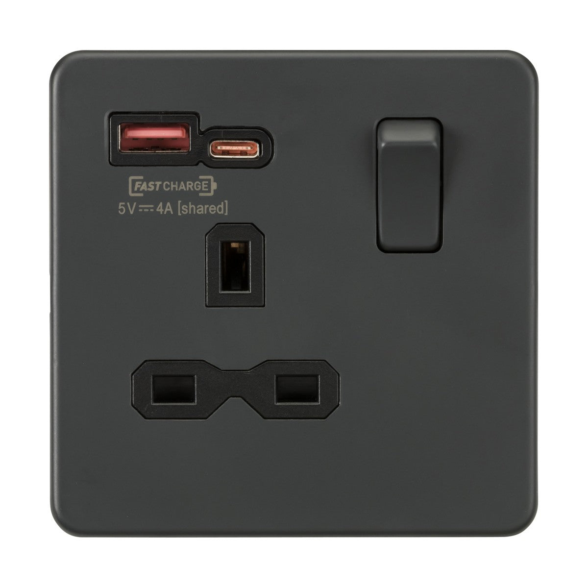 The 13A 1 Gang SP Switched Socket with Dual USB A+C in anthracite, featuring a black insert and screwless design, includes a switch, standard UK plug socket, USB-A and USB-C ports. It offers FASTCHARGE capability with support for PD and QC charging protocols for efficient power delivery.