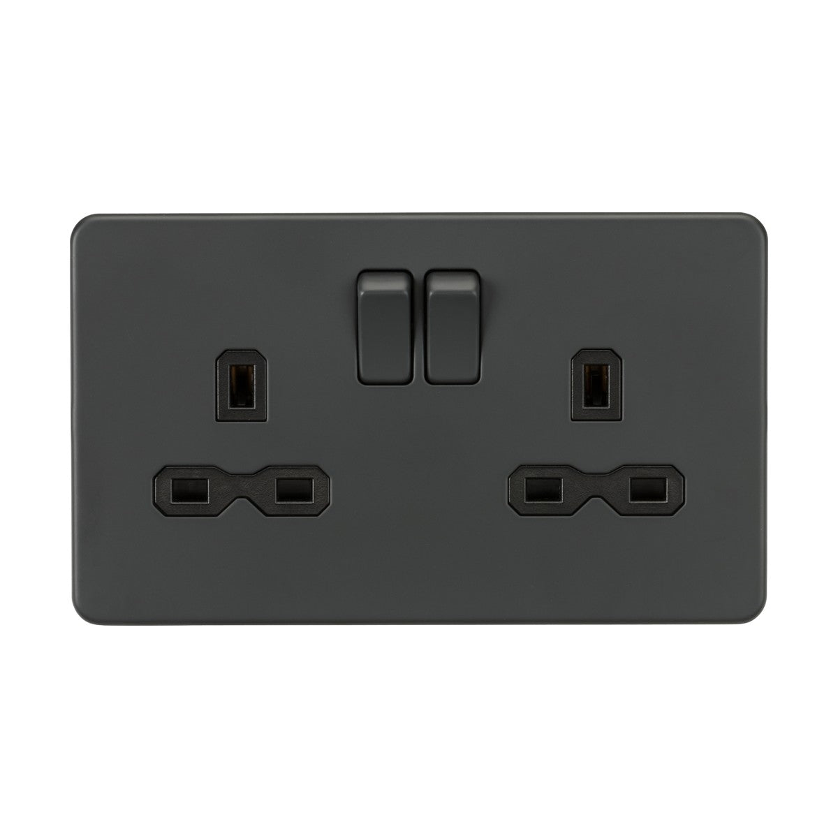 The 13A 2 Gang DP Switched Socket with twin earths in anthracite features a sleek black insert, screwless design, and is tailored for UK plug types.