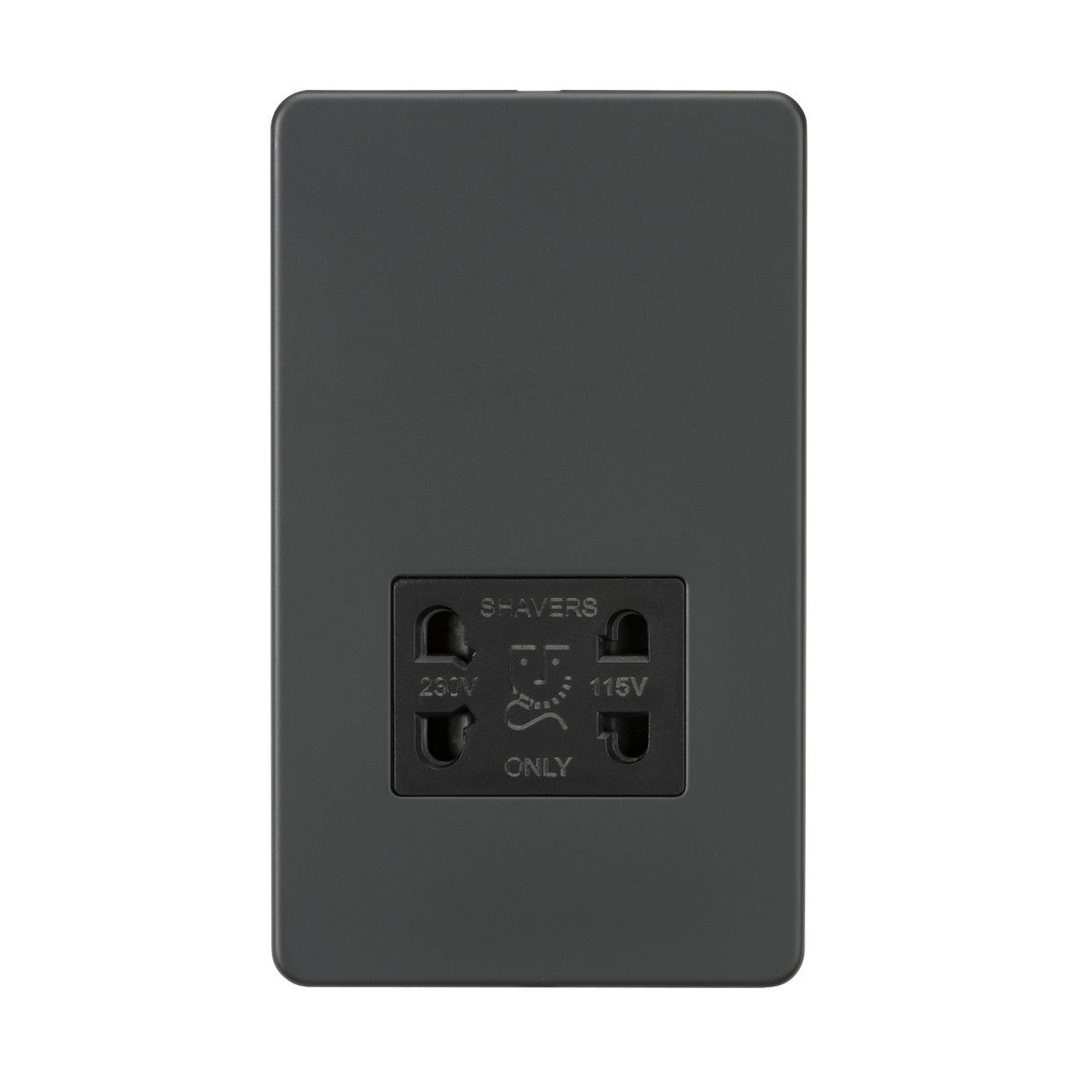 The 115V/Dual Voltage Shaver Socket in anthracite boasts a black, rectangular design made from premium-grade steel. It supports dual voltage (230V and 115V) compatible plug types, features a front panel with voltage specs and subtle branding, and offers an IP41 rating for durability.