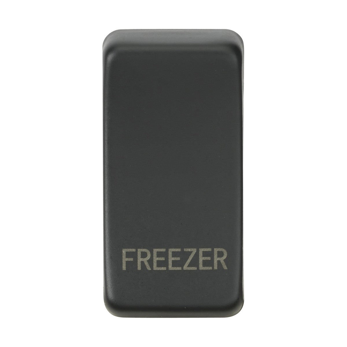 A sleek, black rectangular switch cover marked "FREEZER" in capital letters on one side, it boasts a minimalistic design with rounded edges. Its elegant anthracite finish and interchangeable rocker covers enhance its versatility.