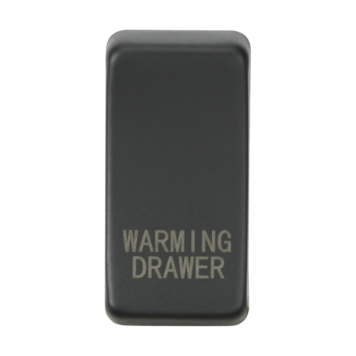 A rectangular anthracite switch cover with raised edges, displaying the words WARMING DRAWER in white capital letters. Made from ABS construction, this cover is a component of an appliance control panel.