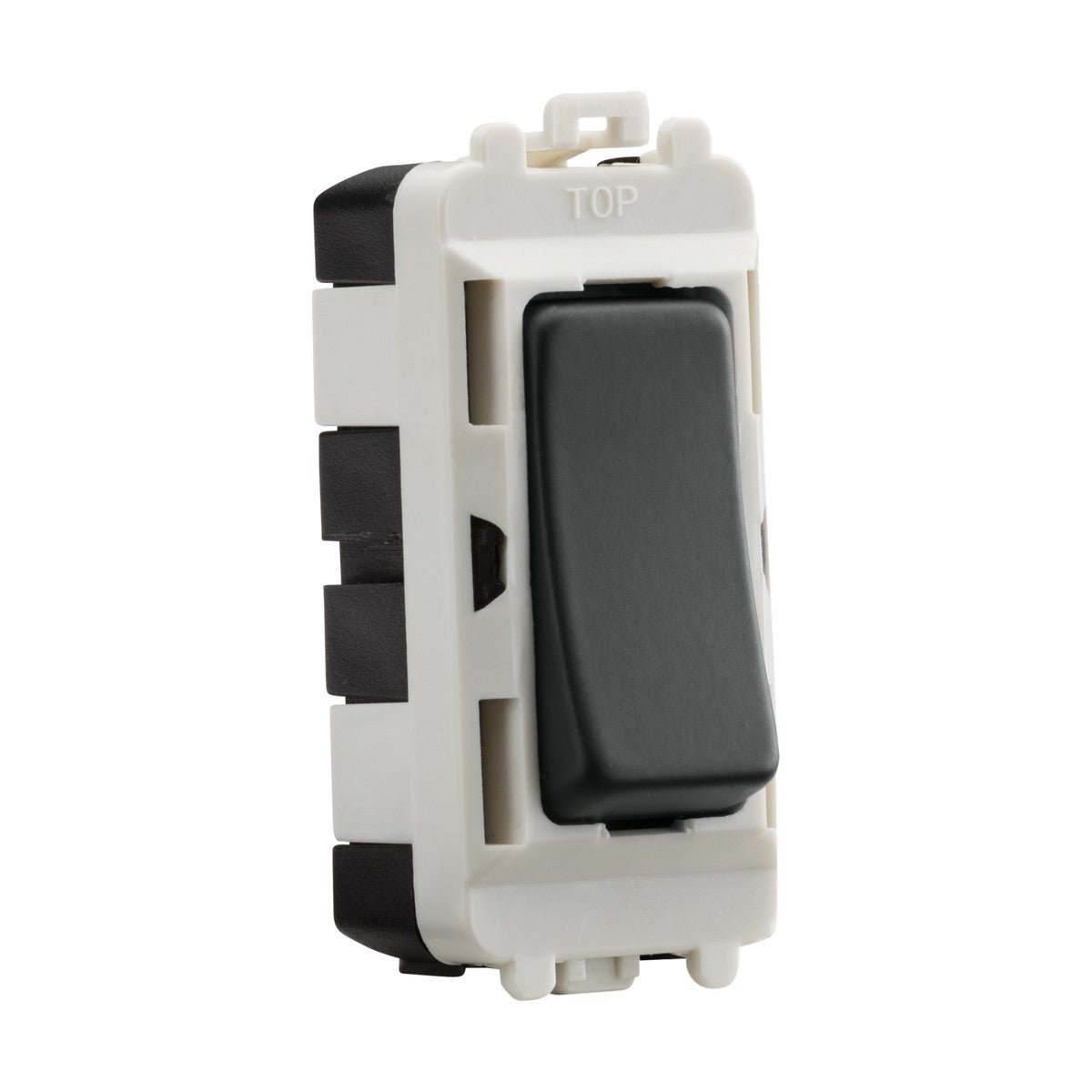 The 20AX 2 Way SP Grid Module in anthracite is a single black rectangular rocker switch, encased in a white frame and labeled TOP for orientation. This single pole switch is ideal for electrical applications, making it perfect for controlling lights or appliances within the Knightsbridge Grid system.