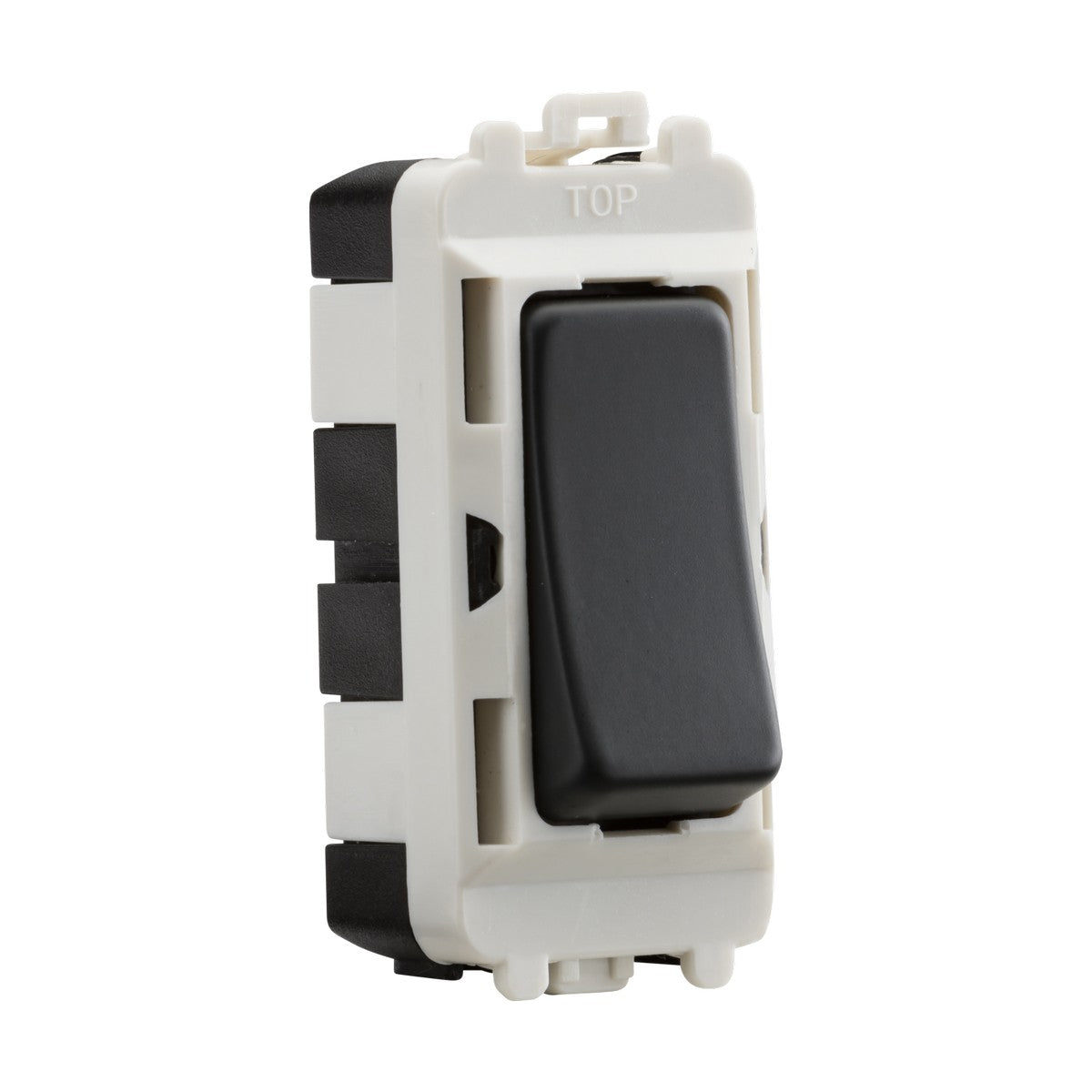 A close-up of the 20AX DP Grid Module in a black electrical rocker switch design, featuring a sleek anthracite finish, is mounted on a white rectangular base intended for wall installation. The word "TOP" is visible at the top of the white base, highlighting its compatibility with the Knightsbridge Grid system.