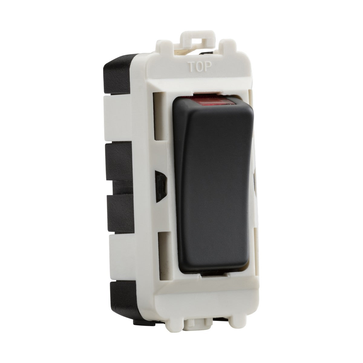 A 20AX DP Grid Module in anthracite with an LED indicator, mounted within a white rectangular casing featuring the word TOP at the upper center. The module has a slightly curved surface, is compatible with the Knightsbridge Grid system, and includes attachment points for easy installation.