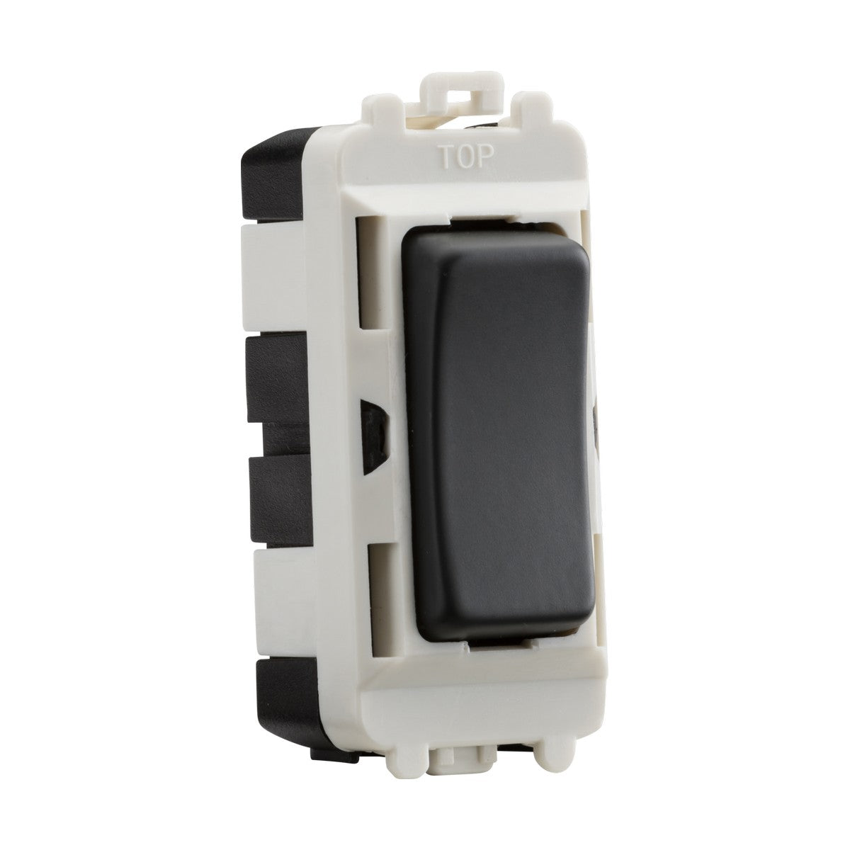 An anthracite 20AX rocker light switch module, part of the Knightsbridge Grid system, featuring a labeled TOP side for easy installation into a wall plate. It has a sleek design with an anthracite body and black central toggle for dual circuit control.