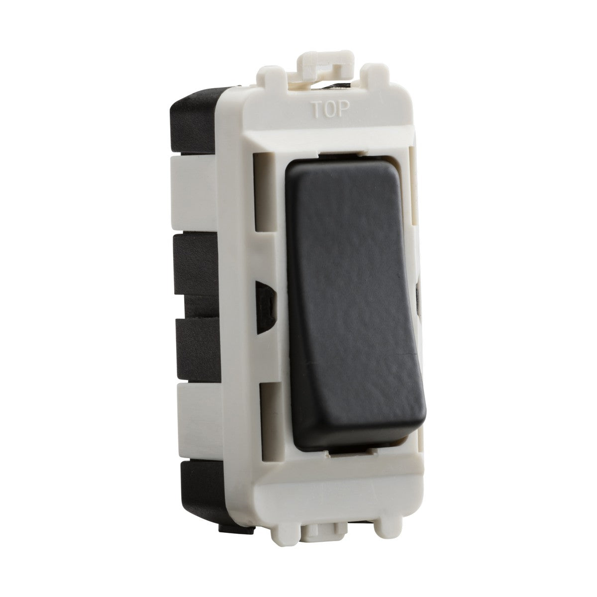 A close-up of the 20AX Intermediate Module in Anthracite, set within a sleek white plastic casing, making it a perfect match for any decor.