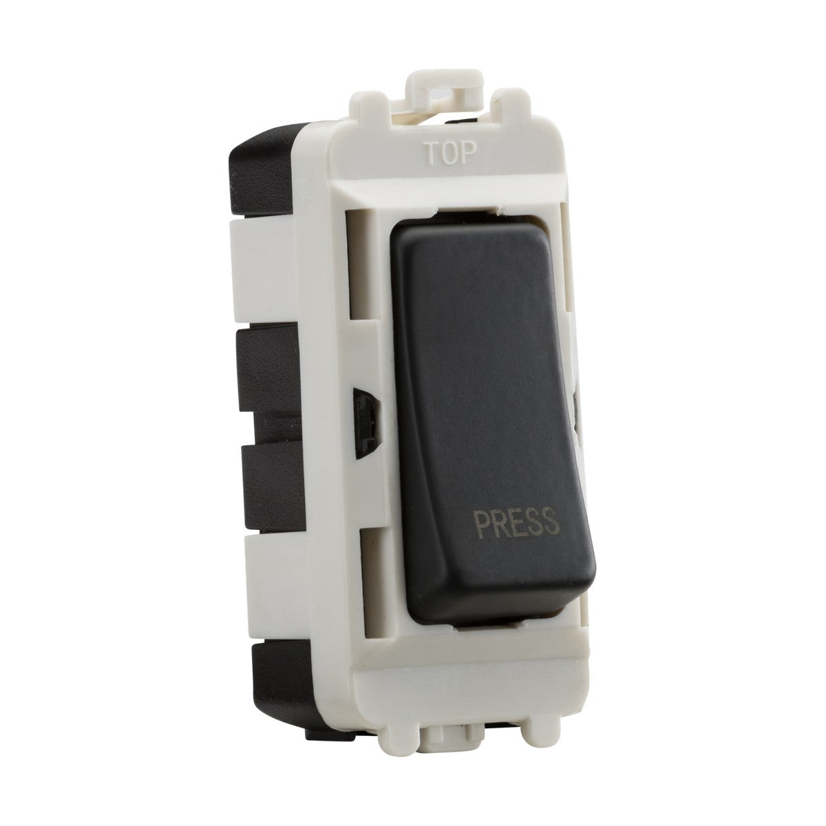 Close-up of a retractive switch labeled PRESS, set in a white frame marked TOP. Compatible with the Knightsbridge Grid system, it has a black side housing. This 20AX 2 Way Retractive SP Module is ideal for electrical installations.