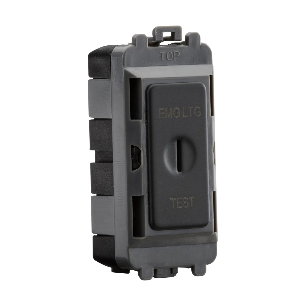The 20AX 2 Way SP Key Module (Marked EMG LTG TEST) features a sleek anthracite finish. This rectangular, black electrical switch has a toggle in the center with "EMG LTG" and "TEST" printed on it and is labeled "TOP" at the top. It is designed to integrate seamlessly into a Knightsbridge Grid System mounting plate.
