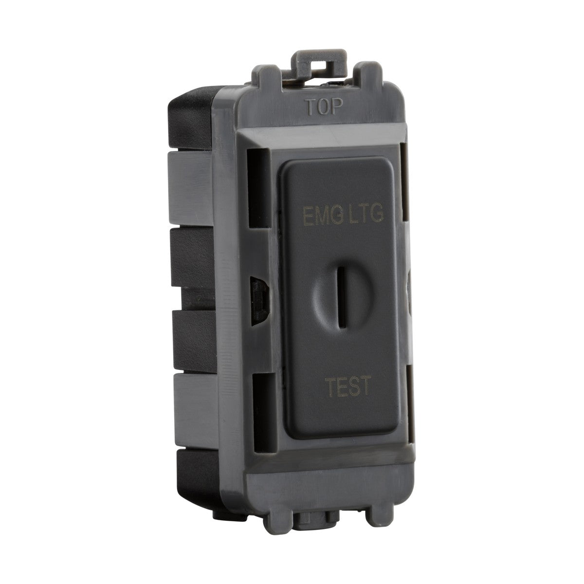 An anthracite 20AX DP Key Module from the Knightsbridge Grid System, with EMG LTG and TEST labels, comes centrally positioned within its rectangular casing, with the top side distinctly labeled TOP.