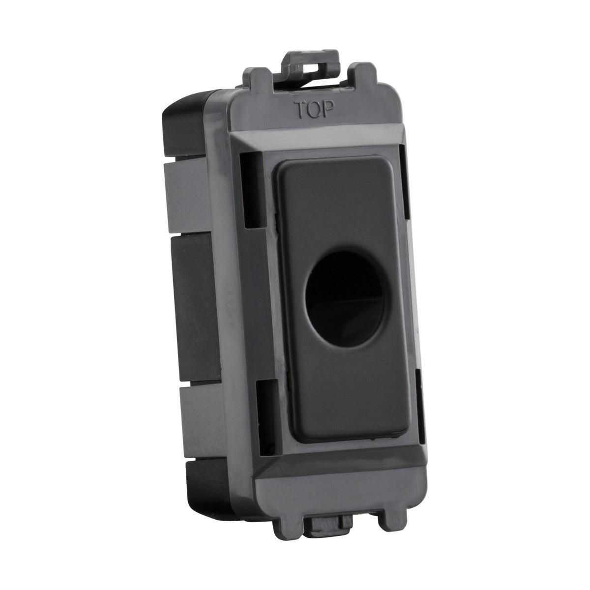 A Flex Outlet Module (Up To 10mm) in anthracite, characterized by its black rectangular switch and cylindrical center button, is mounted on a gray frame within the Knightsbridge Grid system. The frame includes a small clip at the top labeled TOP for seamless integration and appliance protection.