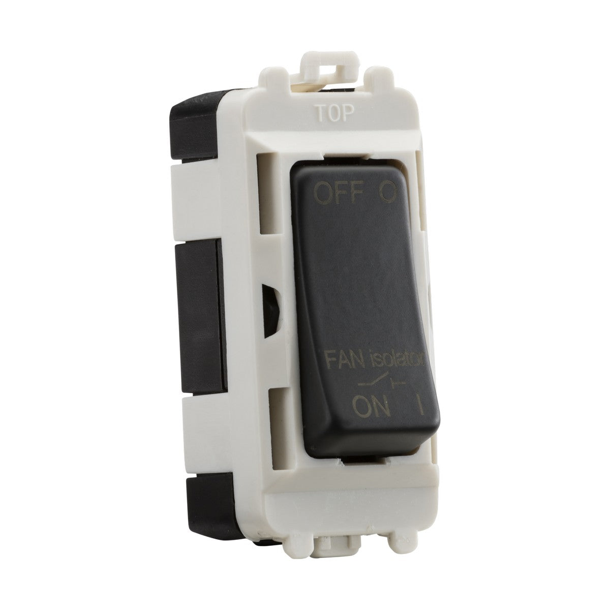 The Anthracite 10A Fan Isolator Module, part of the Knightsbridge Grid system, is depicted in white and black with OFF and ON labels. Intended for wall installation, the switch is presently set to the Off position and features "TOP" inscribed at its peak.