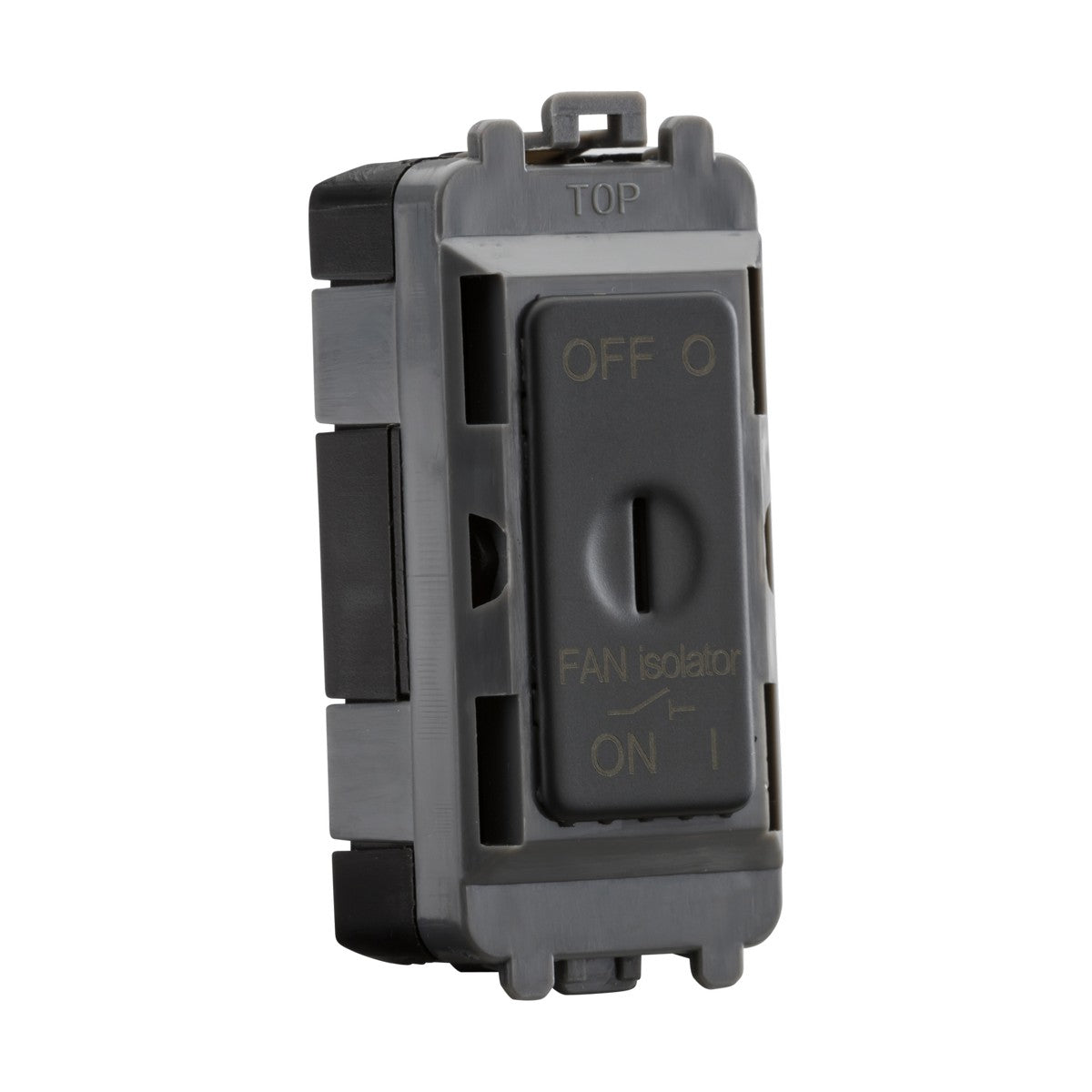 The 10A Fan Isolator Key Switch Module in Anthracite from the Knightsbridge Grid system includes clearly marked OFF at the top and ON at the bottom for user-friendly operation. Its gray casing features a robust triple pole key switch, allowing it to remain upright for effortless integration.