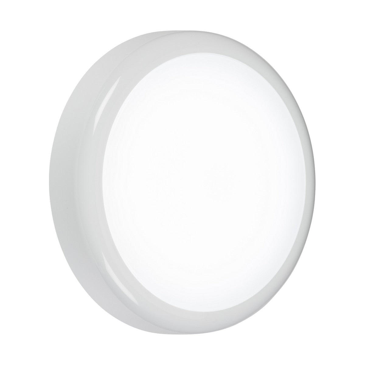 The 9W Outdoor CCT LED Bulkhead - Emergency is a round white ceiling fixture characterized by its sleek, minimalist design. With a smooth, glossy surface, this energy-efficient luminaire emits a soft and even glow. It offers adjustable color temperature (CCT) and is designed to seamlessly integrate against a white background.