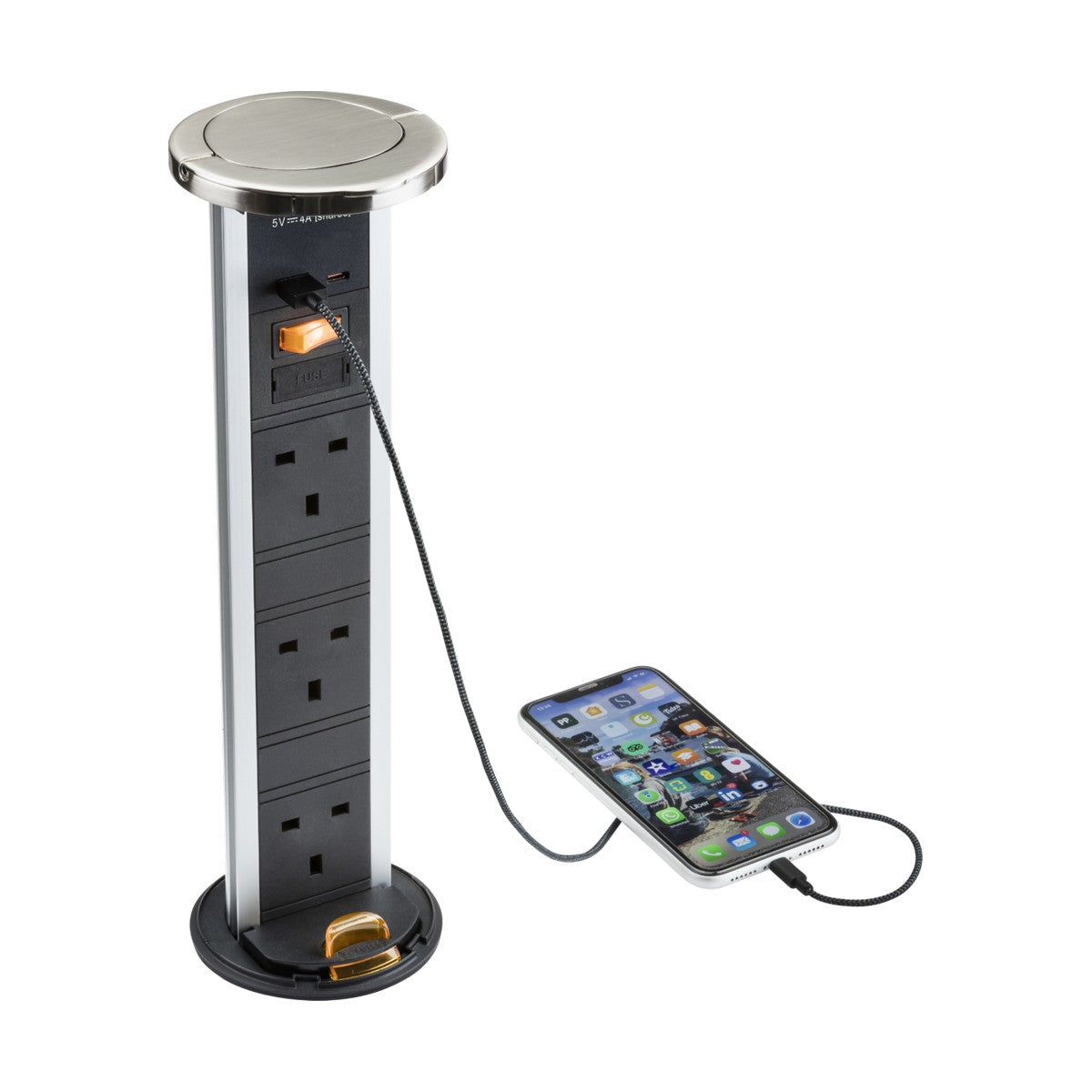This discreet power solution, the 3 Gang Pop-Up Socket With USB - Brushed Chrome, features FASTCHARGE USB sockets and multiple electrical outlets. A smartphone is connected via a cable, highlighting efficient charging capabilities. With its sleek brushed chrome top and black and grey design, it's perfect for modern desktop needs.