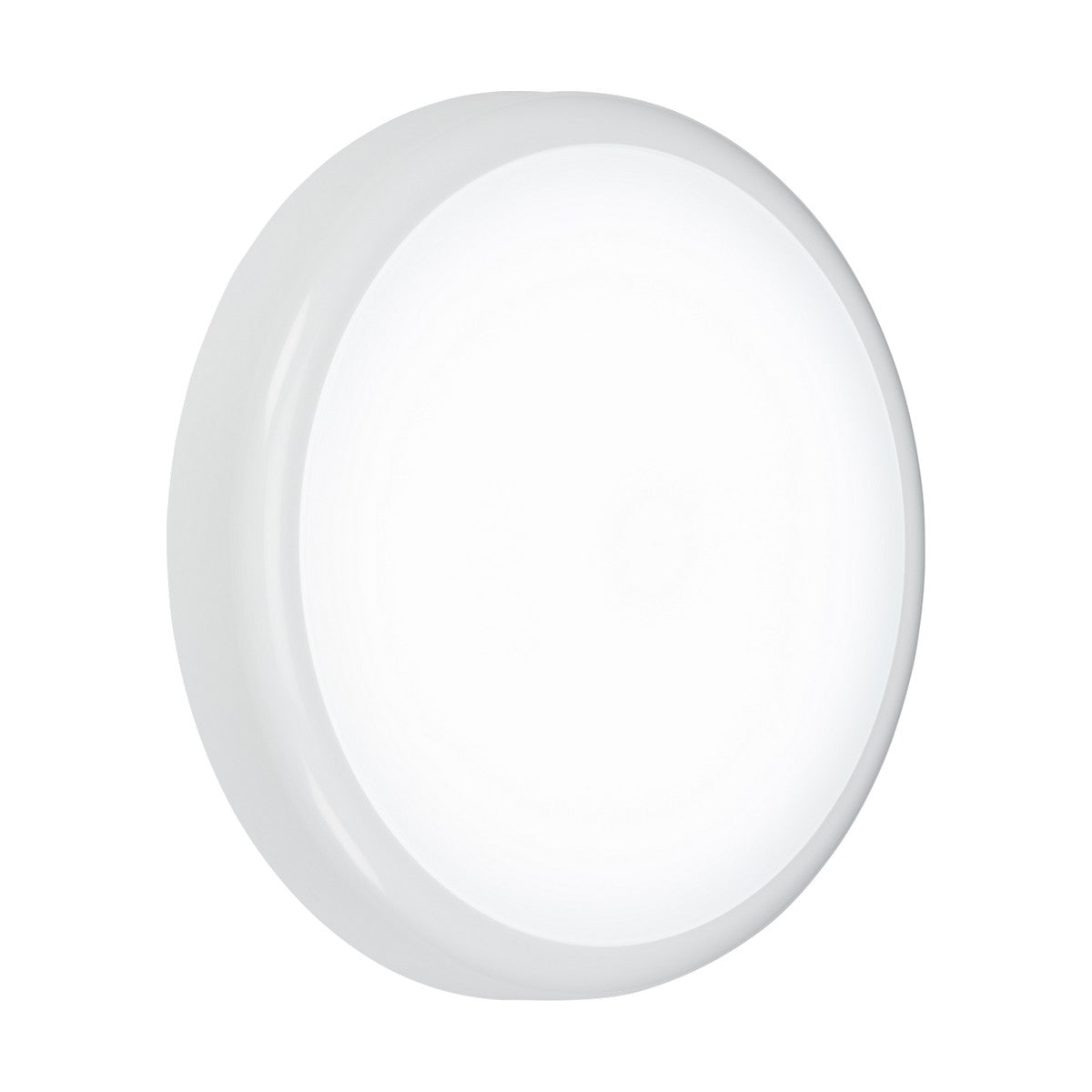 The 14W Outdoor CCT LED Bulkhead With Emergency & Sensor is a circular, white ceiling light with a smooth, minimalist design. It features a frosted cover that emits a soft, even glow and includes an IP65 rating for enhanced moisture protection.