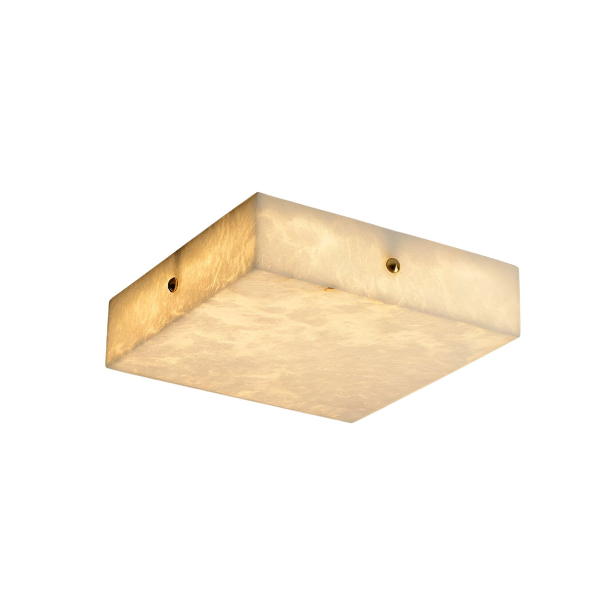 The Cadris LED Medium Square Alabaster Flush Ceiling Light in Soft White and Brushed Brass offers a warm glow and a marbled, translucent finish.