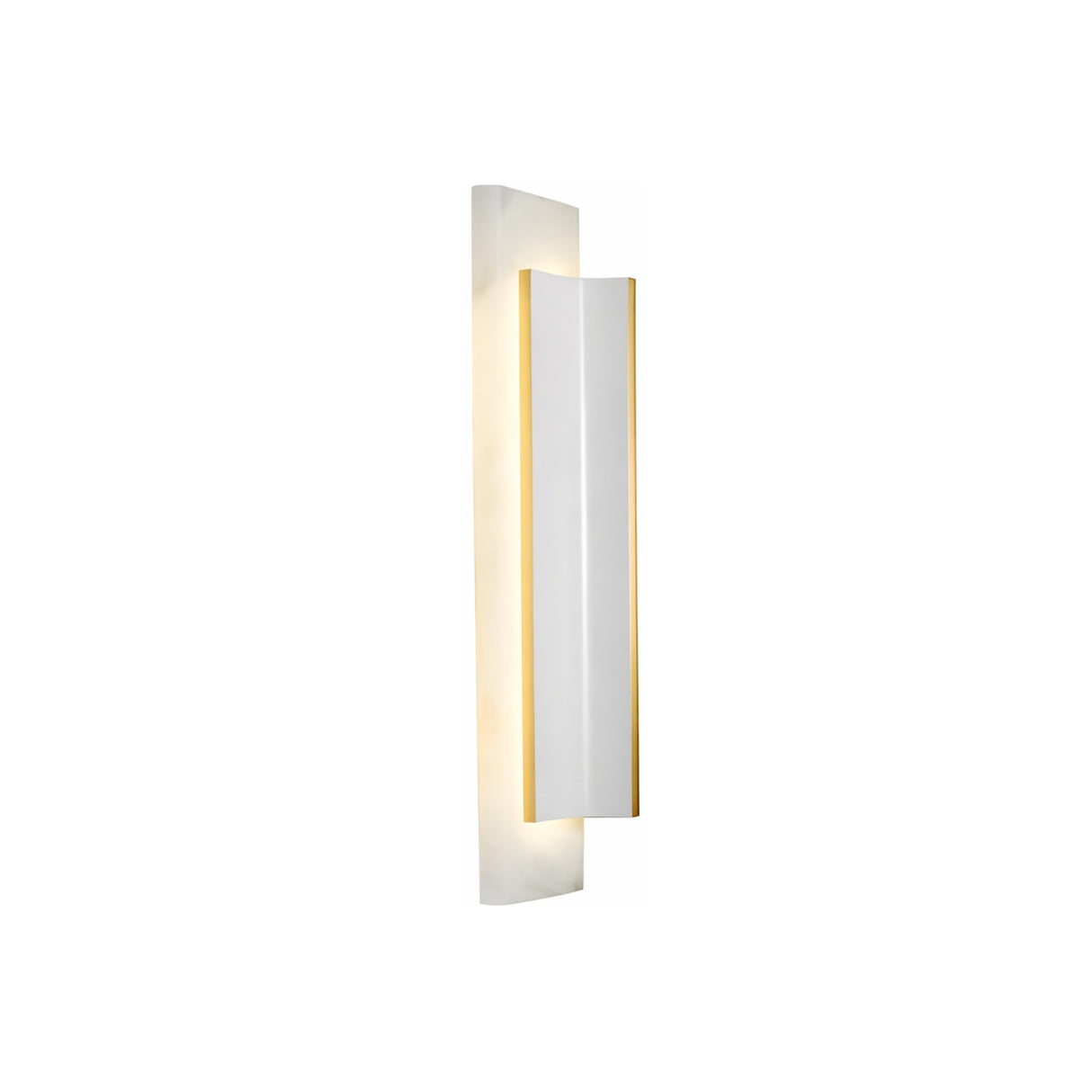 The Velorin LED Small Compact Alabaster Wall Light features a rectangular soft white front with brass edges, set on a frosted backplate that emits a gentle, diffuse glow.